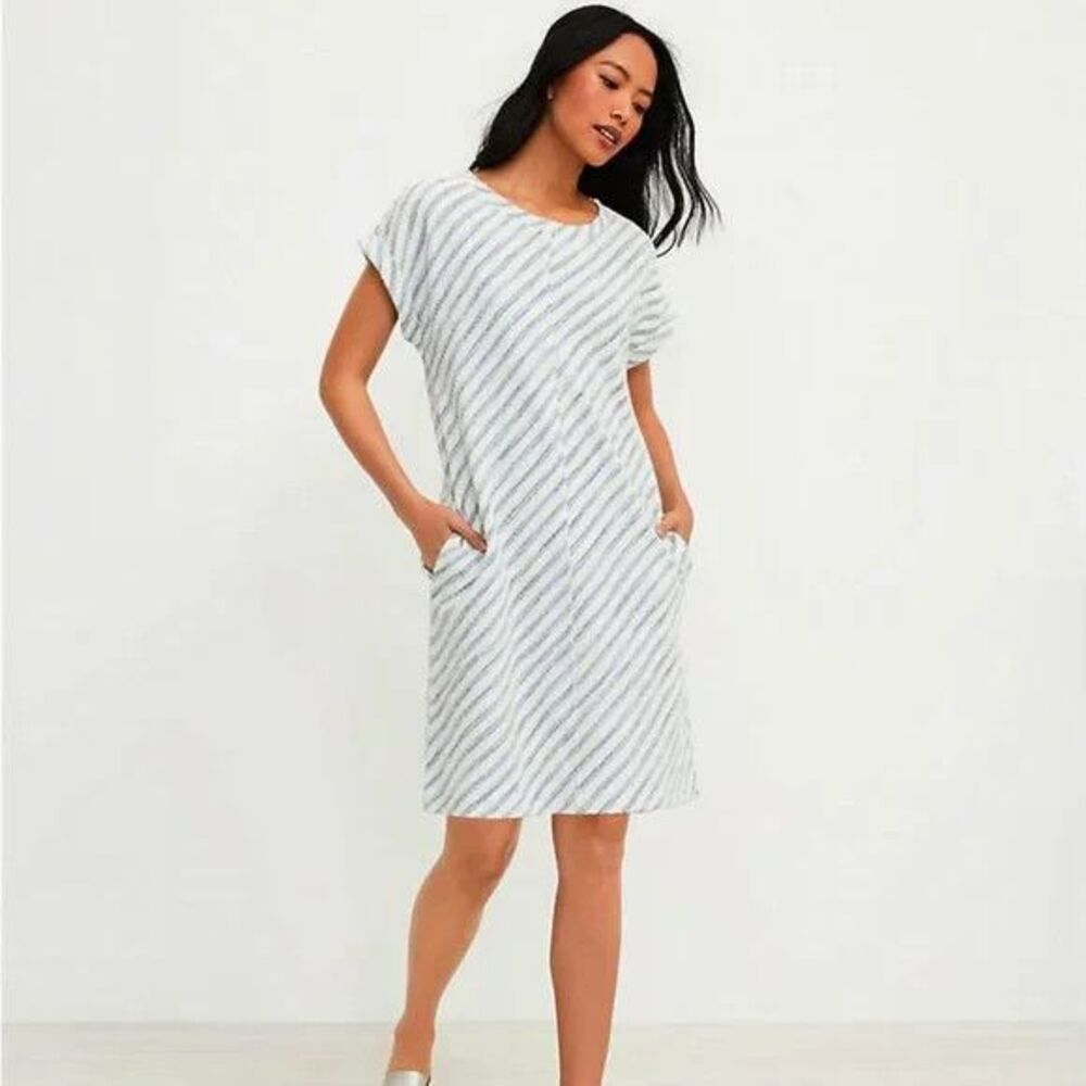 NEW Lou & Grey XS dress striped pockets texture crew neck cuffed sleeve